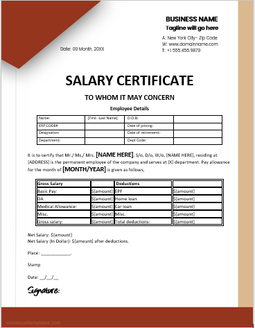 Employee salary certificate template