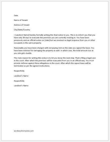 Letter Of Eviction From Landlord from www.wordexceltemplates.com
