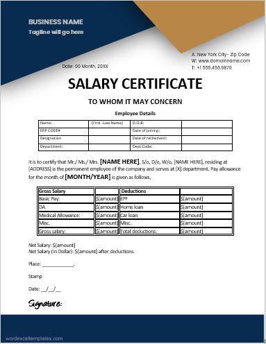 Employee salary certificate template