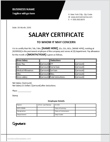 Salary certificate template