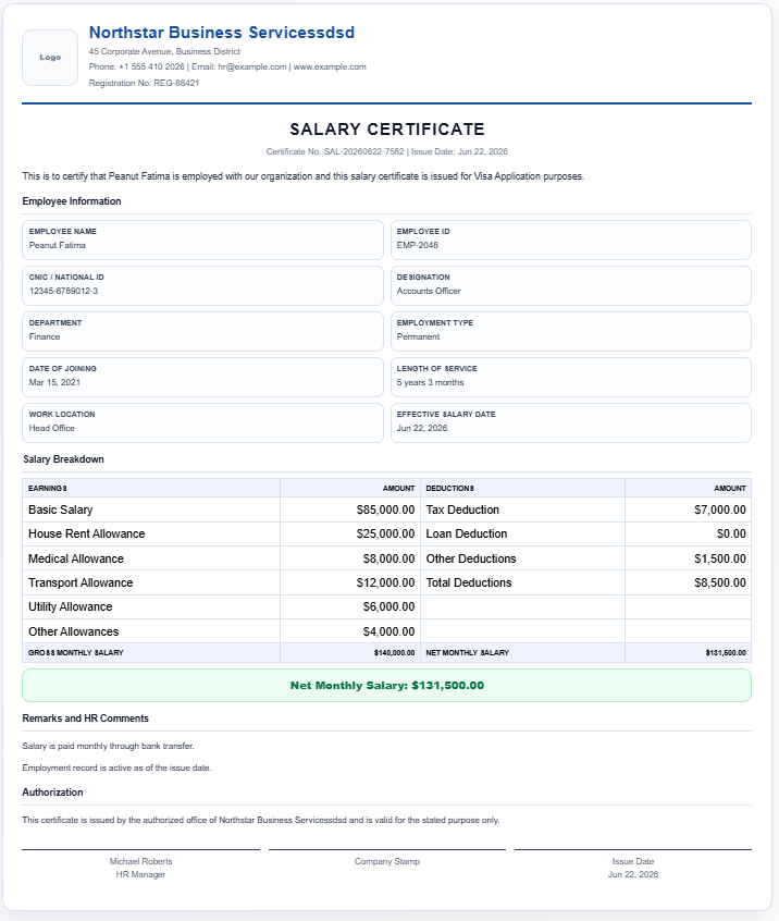 AI Salary Certificate Template