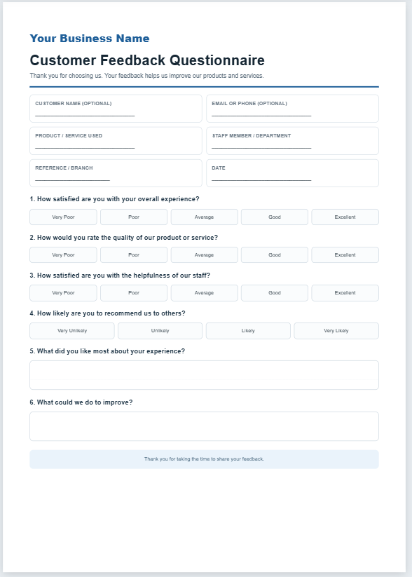 Customer Feedback Questionnaire