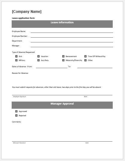 Leave application form template MS Word