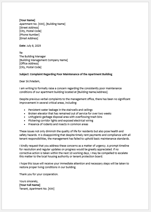 Complaint Letter for Poor Maintenance of Building