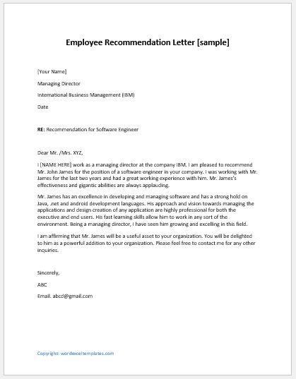 Employee Recommendation Letter From Manager from www.wordexceltemplates.com