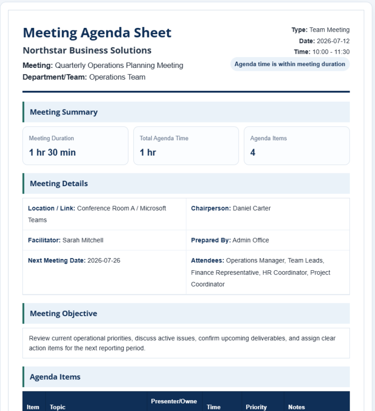Meeting Agenda Sheet Template