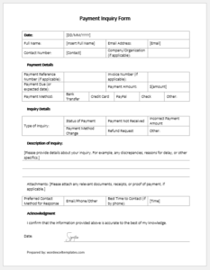 Payment Inquiry Form Templates for Word | Download/Save
