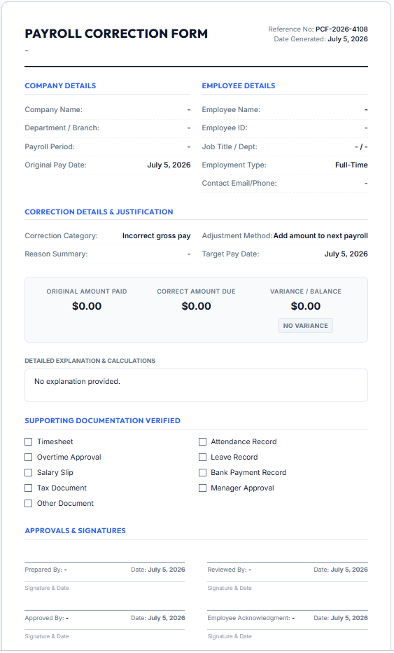 Payroll Correction Form Template