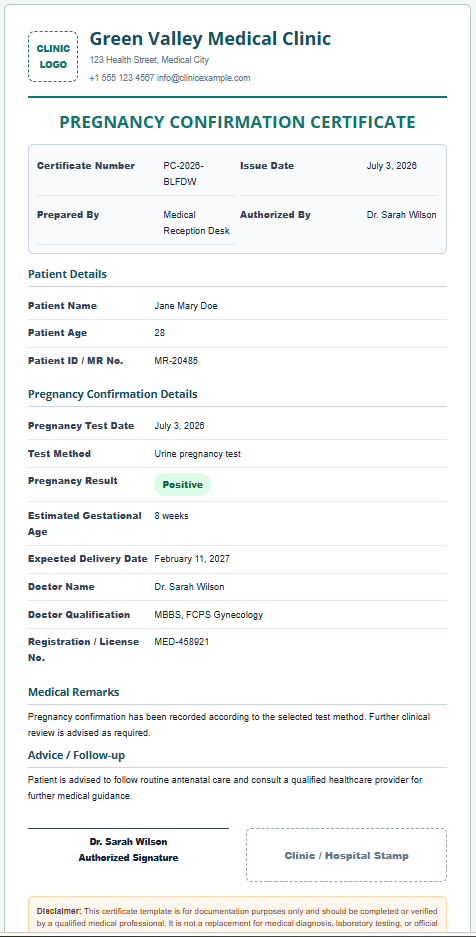 Pregnancy Verification Certificate