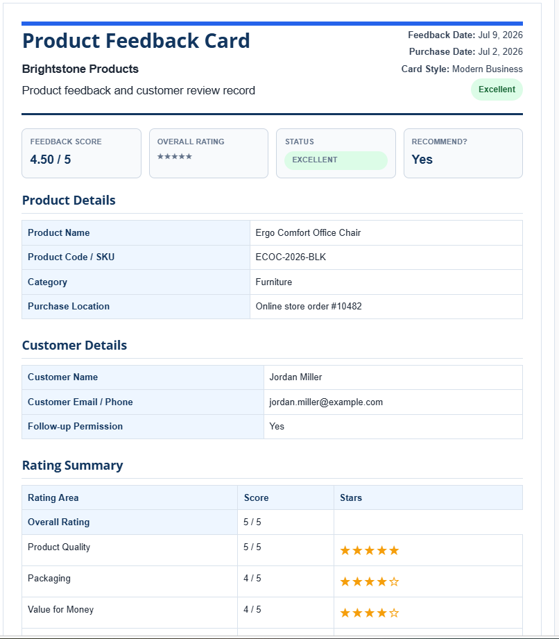 Product Feedback Card Template