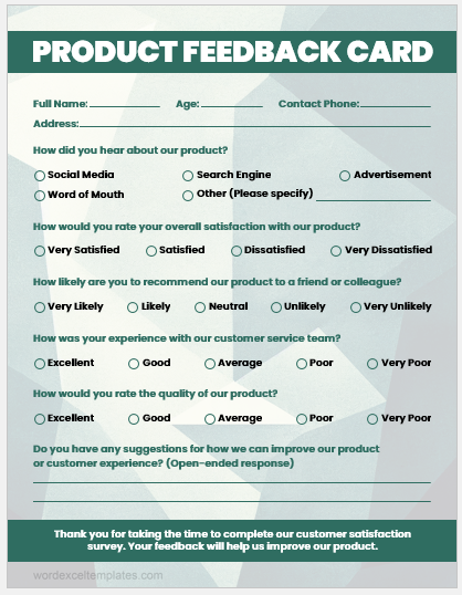 Product feedback card template