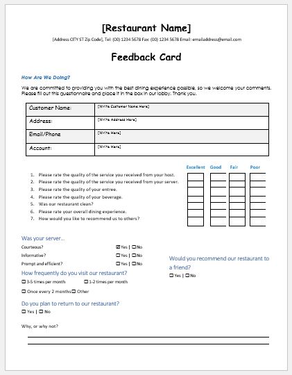 Restaurant customer feedback form