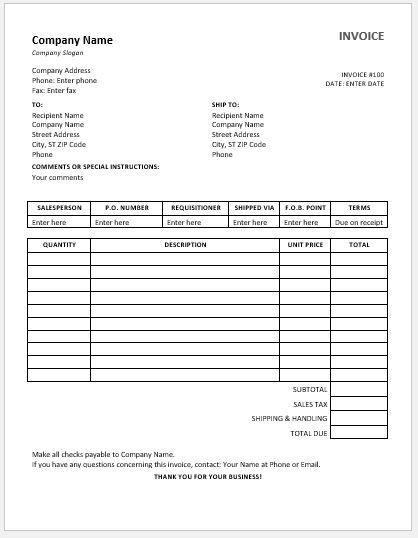 Sales invoice template for MS Word