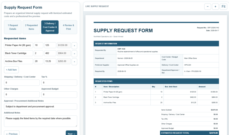 Supply Request Form Template