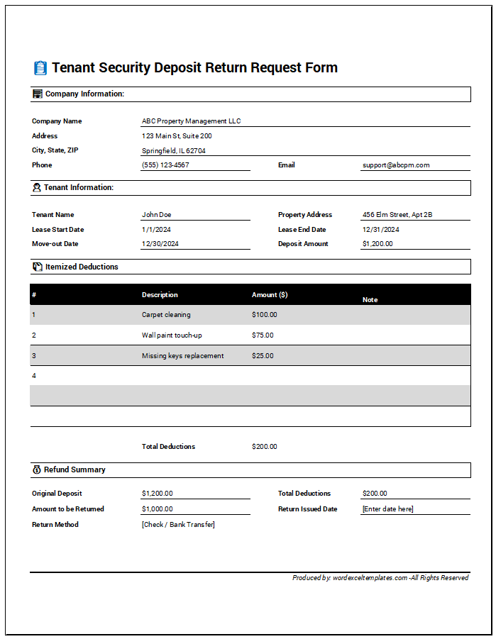 Tenant Security Deposit Return Request Form