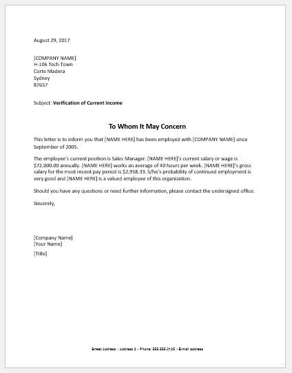 Letter From Employer Verifying Employment And Income from www.wordexceltemplates.com