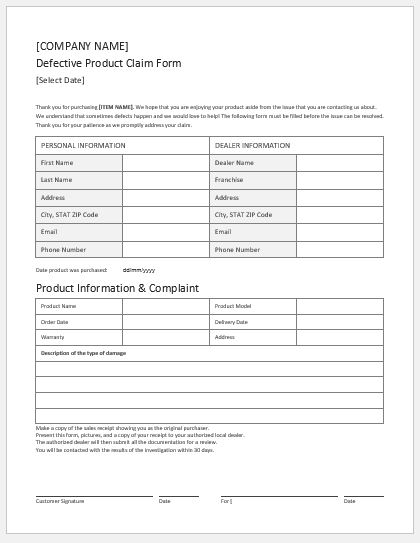 Defective Product Claim Form