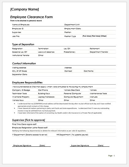 Employee Clearance Form