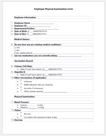 Employee physical examination form template