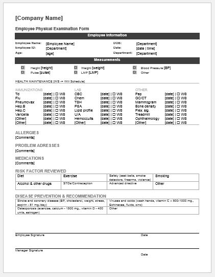 Employee physical examination form