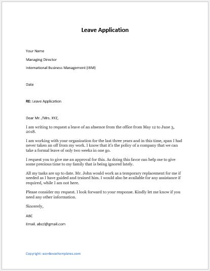 leave application letter for office