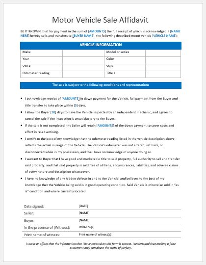 Motor Vehicle Sale Affidavit Template