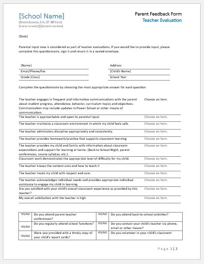 Parent Feedback Form for Teacher Evaluation