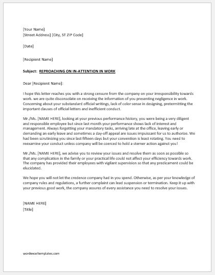 Reprimand letter to employee for negligence in work