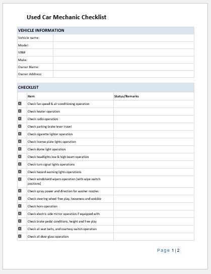 Used car mechanic inspection checklist