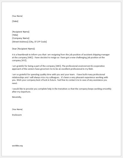 Resignation Letter For Company from www.wordexceltemplates.com