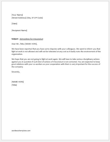 Disciplinary Action Letter For Fighting At Work Word Excel