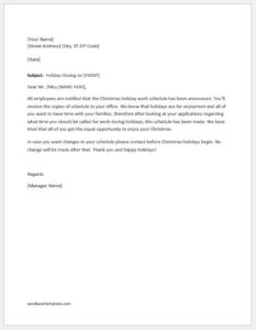 Holiday closing announcement letter