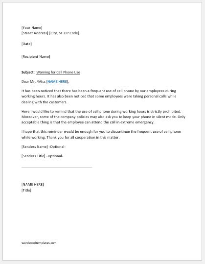 Warning letter for cell phone use at work
