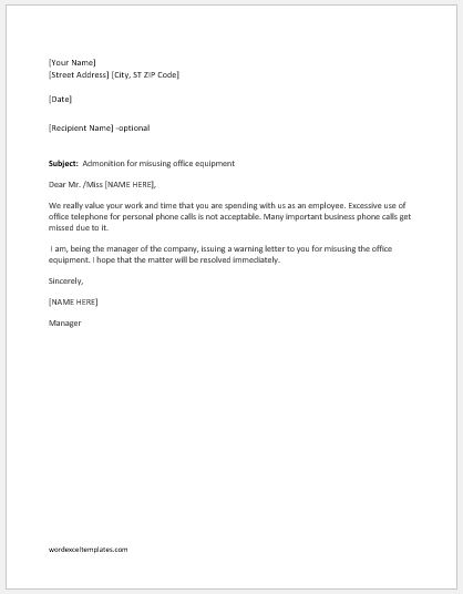 Warning letter for misusing office equipment
