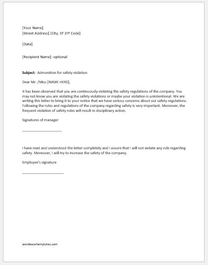 Warning Letter For Safety Violation Word Excel Templates