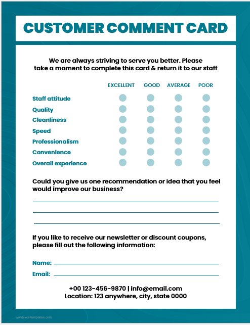 Customer comment card template