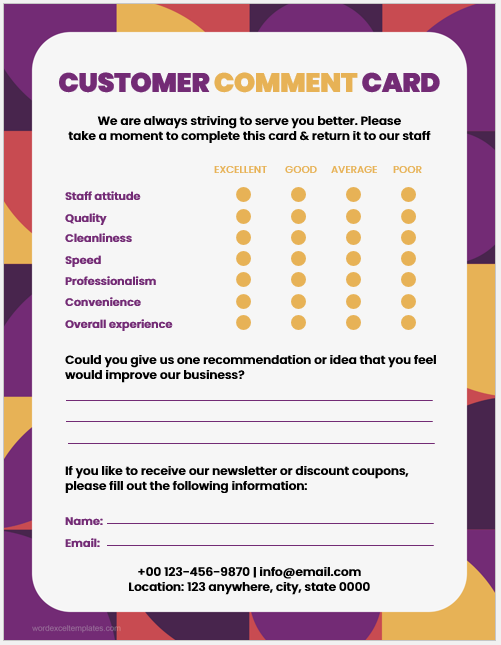 Customer comment card template