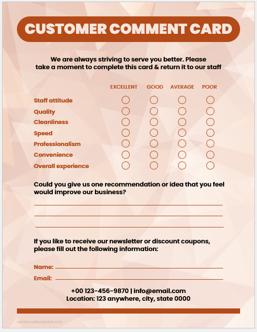 Customer comment card template