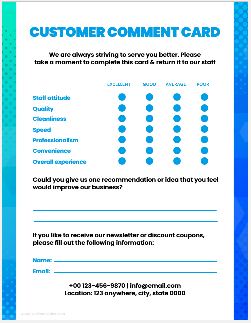 Customer comment card template