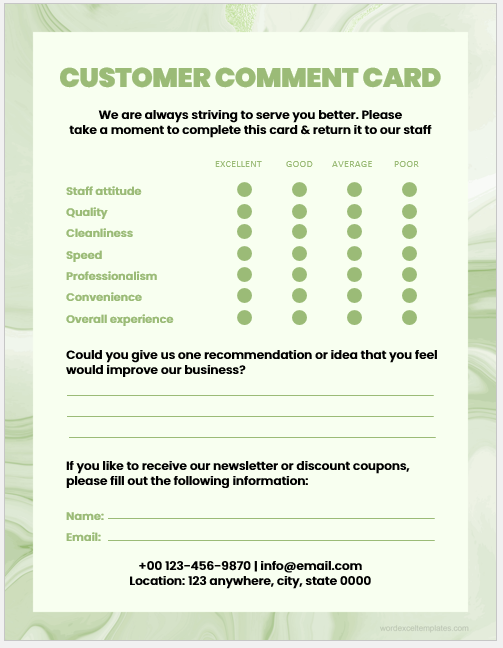 Customer comment card template