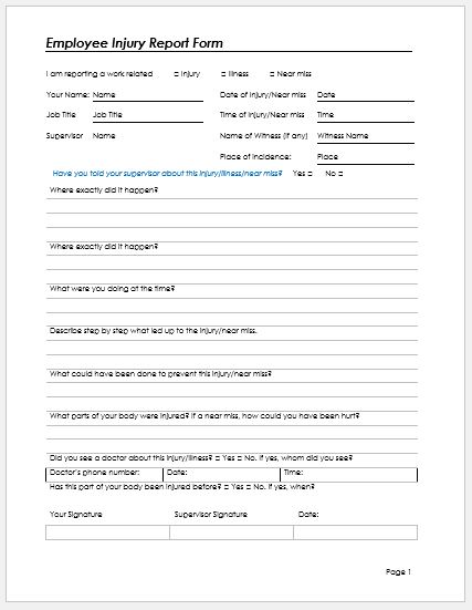 Employee injury report form