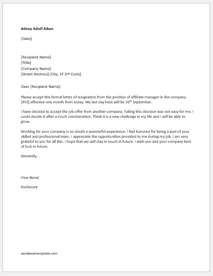 Resignation From Work Letter from www.wordexceltemplates.com