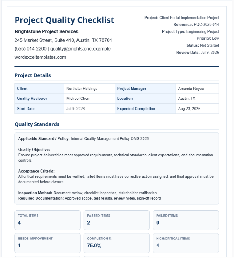 Project Quality Checklist Template