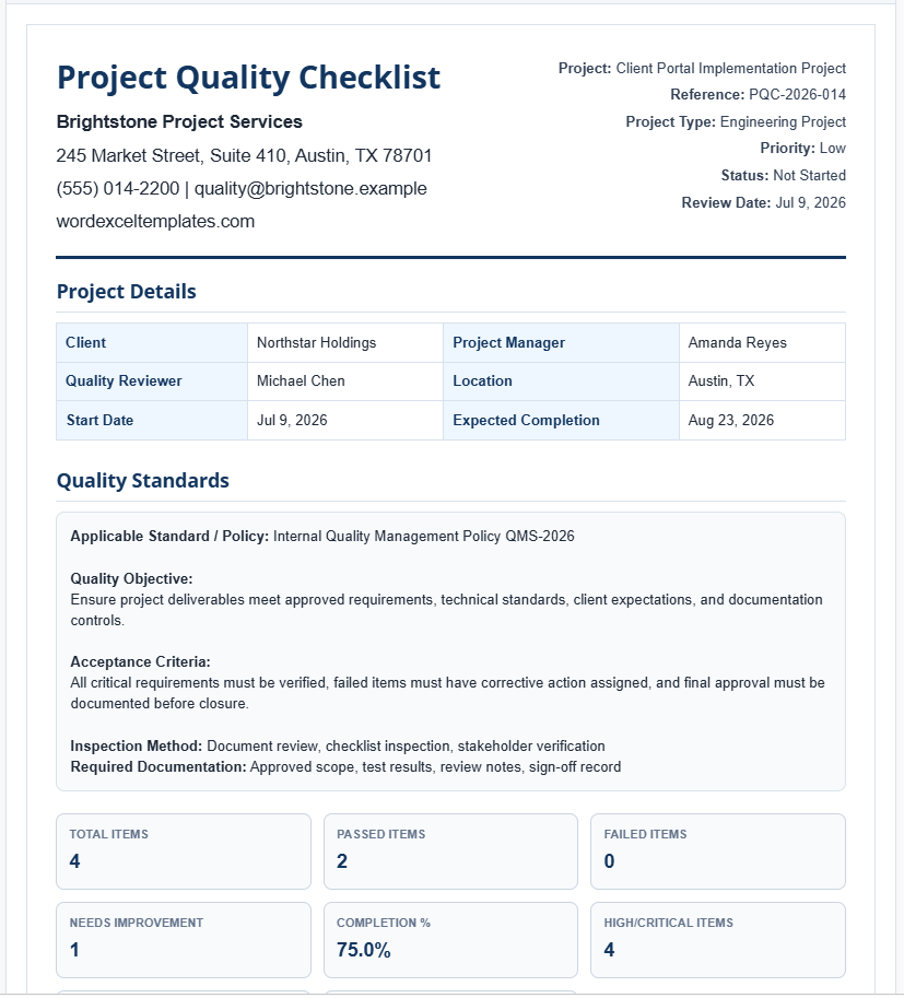 Project Quality Checklist Template