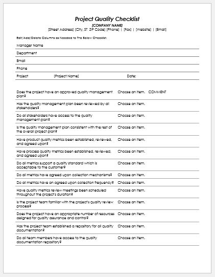 Project Quality Checklist Template