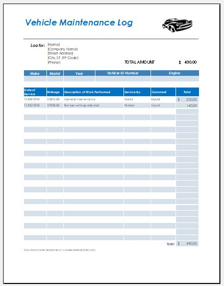 Vehicle Maintenance Log Template