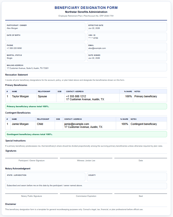 Beneficiary Designation Form Template
