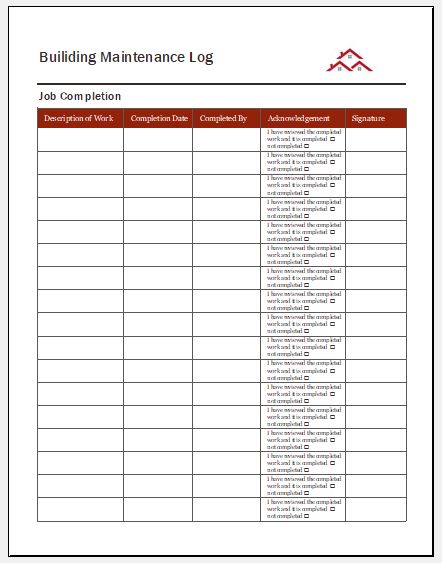 Job completion form for building maintenance