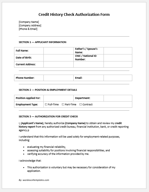 Credit History Check Authorization Form