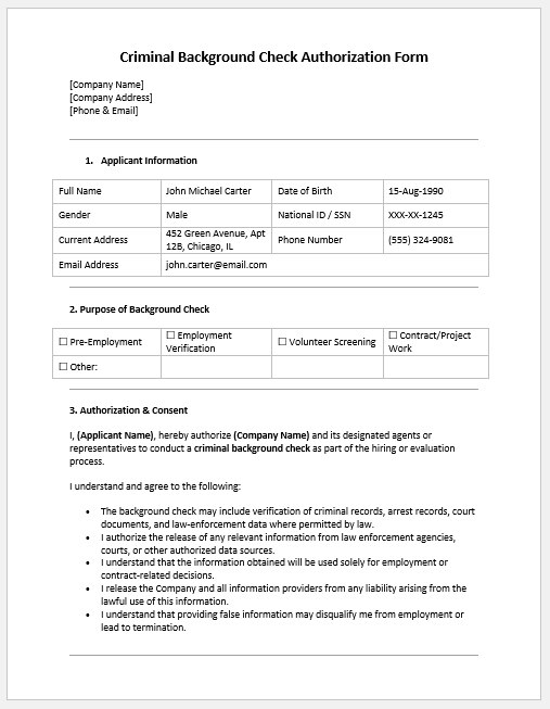 Criminal Background Check Authorization Form